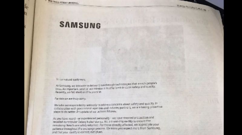Samsung se disculpa con una carta en la prensa