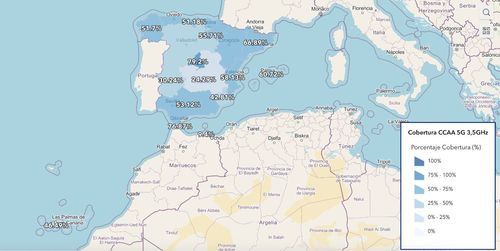 Mapa de cobertura 5G en la banda de 3,5GHz en España