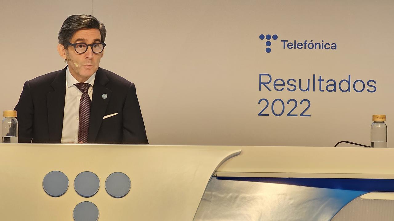 José María Álvarez-Pallete, presidente de Telefónica, durante su intervención en la rueda de prensa