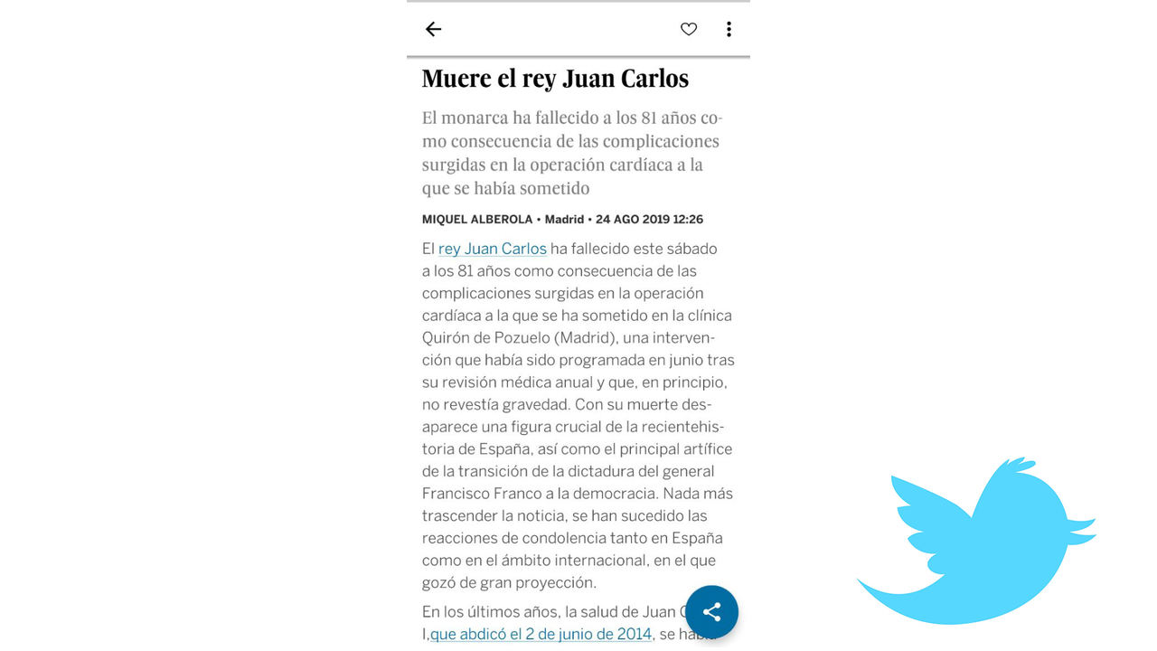 Captura de pantalla de la noticia publicada por error de El País